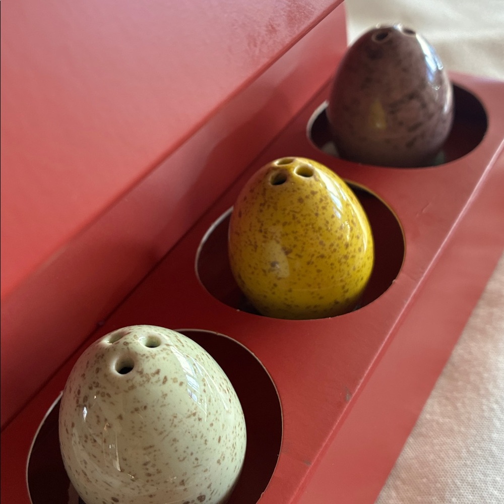 Easter Egg Salt Shakers Set of Three Speckled Egg Shakers Purple Yellow Blue